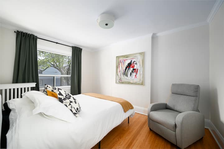Room 2 - Queen size bed with brand new comfortable mattress. Blackout curtains to make sure you have an extra good night sleep