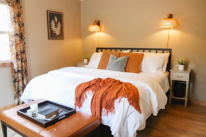 Master bedroom with king size bed, smart TV, and closet