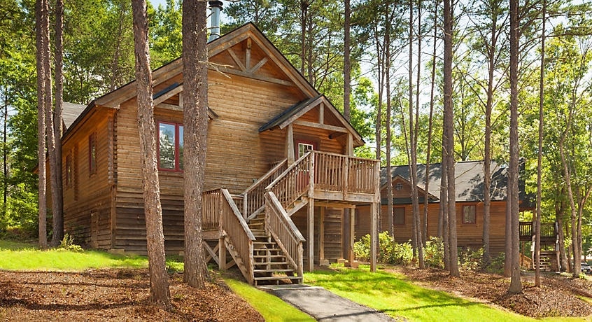 A rustic cabin with a wooden exterior is surrounded by tall trees. The front porch features a set of stairs leading up to the entrance, and large windows provide glimpses of the indoor space. A well-maintained pathway is visible in the foreground.