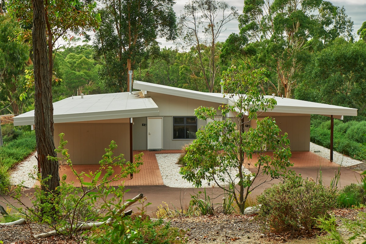 A modern chalet features a unique, sloping roof design and is surrounded by a landscaped area with native vegetation. A clear pathway leads to the entrance, while large windows provide views into the serene surroundings. The property is nestled within a lush, green setting.