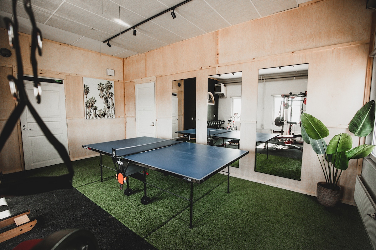 A room dedicated to fitness features a ping pong table situated on a green carpet. The space is illuminated by natural light from windows. Mirrors on one wall reflect the exercise equipment in the background, contributing to a functional and dynamic environment.