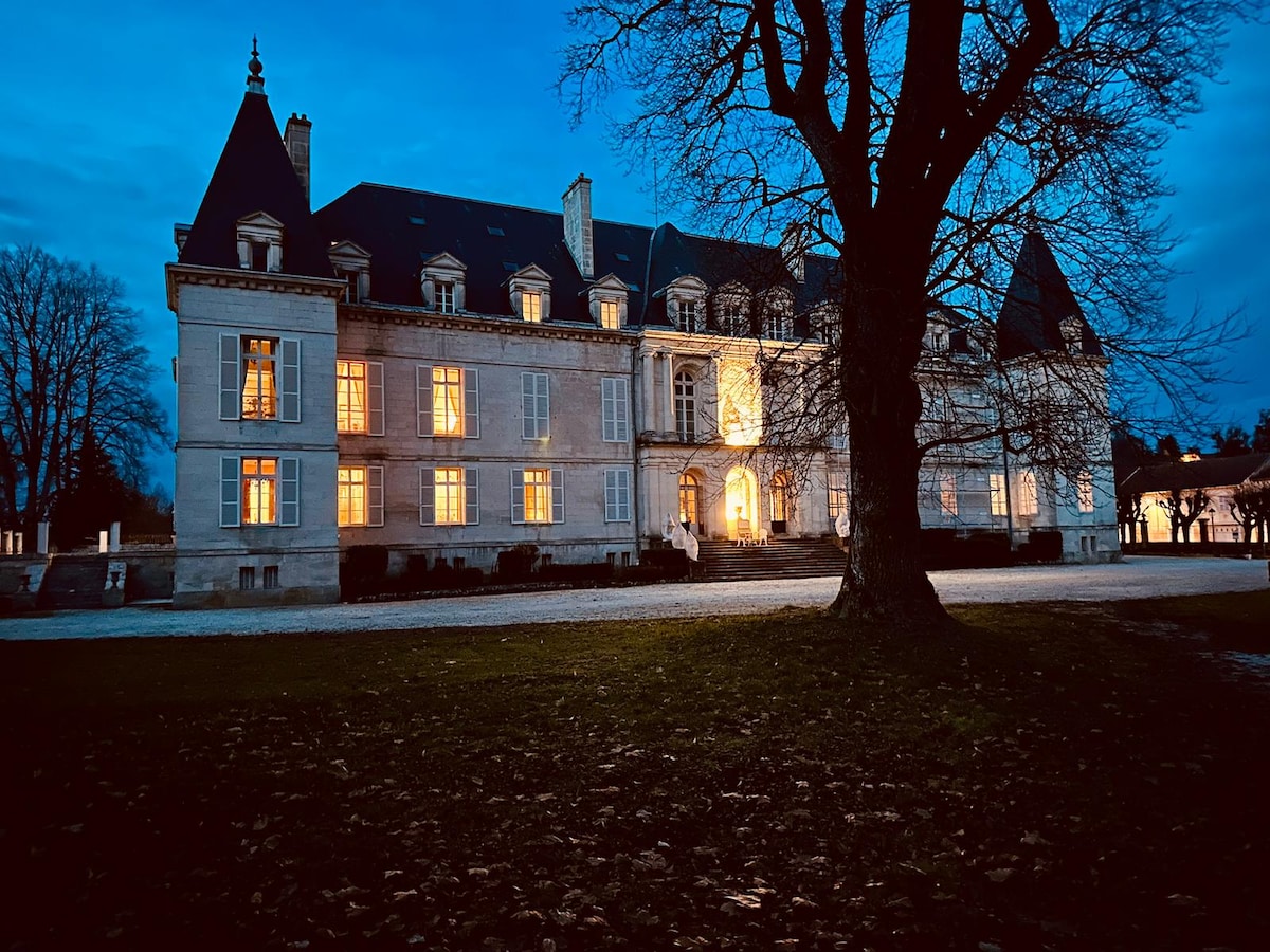 The château is illuminated at dusk, highlighting its elegant architecture and tall windows. A large tree stands in the foreground, with its leaves scattered on the ground. The inviting glow from the windows contrasts with the cool evening sky.