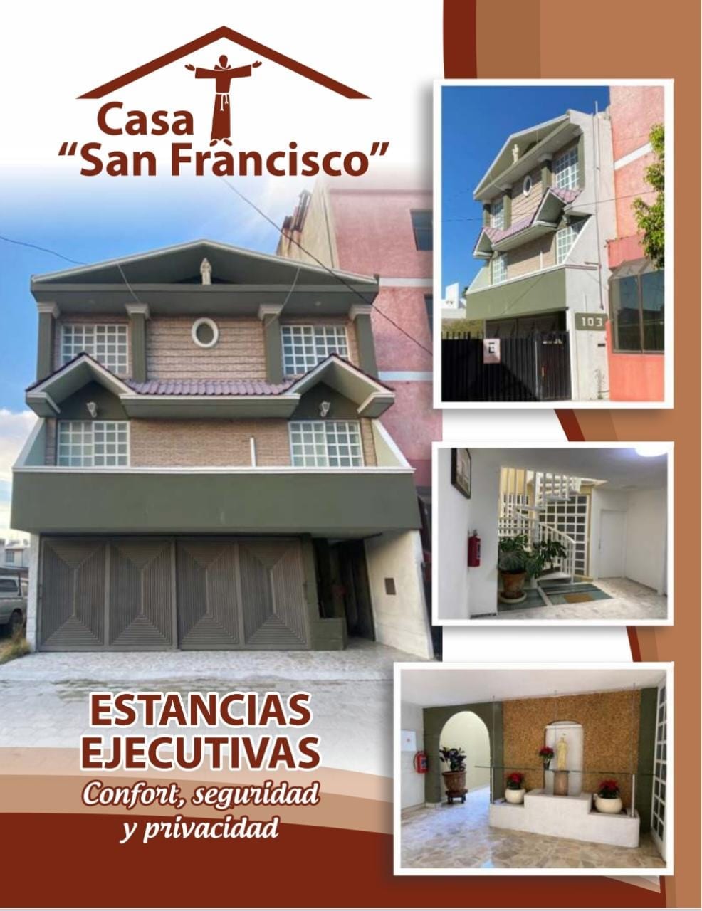 The exterior of Casa San Francisco is presented, showcasing a three-story building with a textured facade and multiple balconies. The entrance features a secured gate, while the adjacent courtyard is spacious, providing a clean and welcoming atmosphere. The overall design reflects a modern executive style.