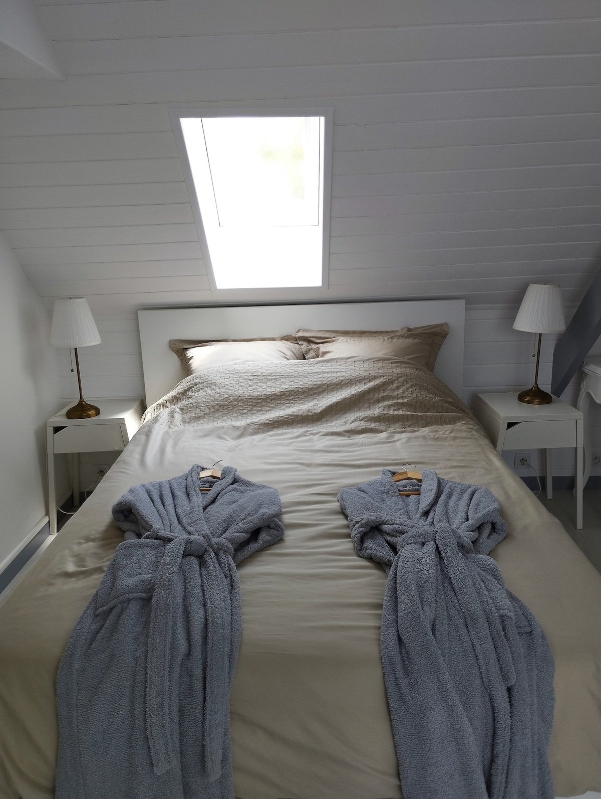 A cozy sleeping area is presented with a spacious bed adorned with neutral-toned bedding. Two light gray robes are draped on the bed's edge. Adjacent nightstands feature lamps, adding illumination, while a skylight allows natural light to fill the room.