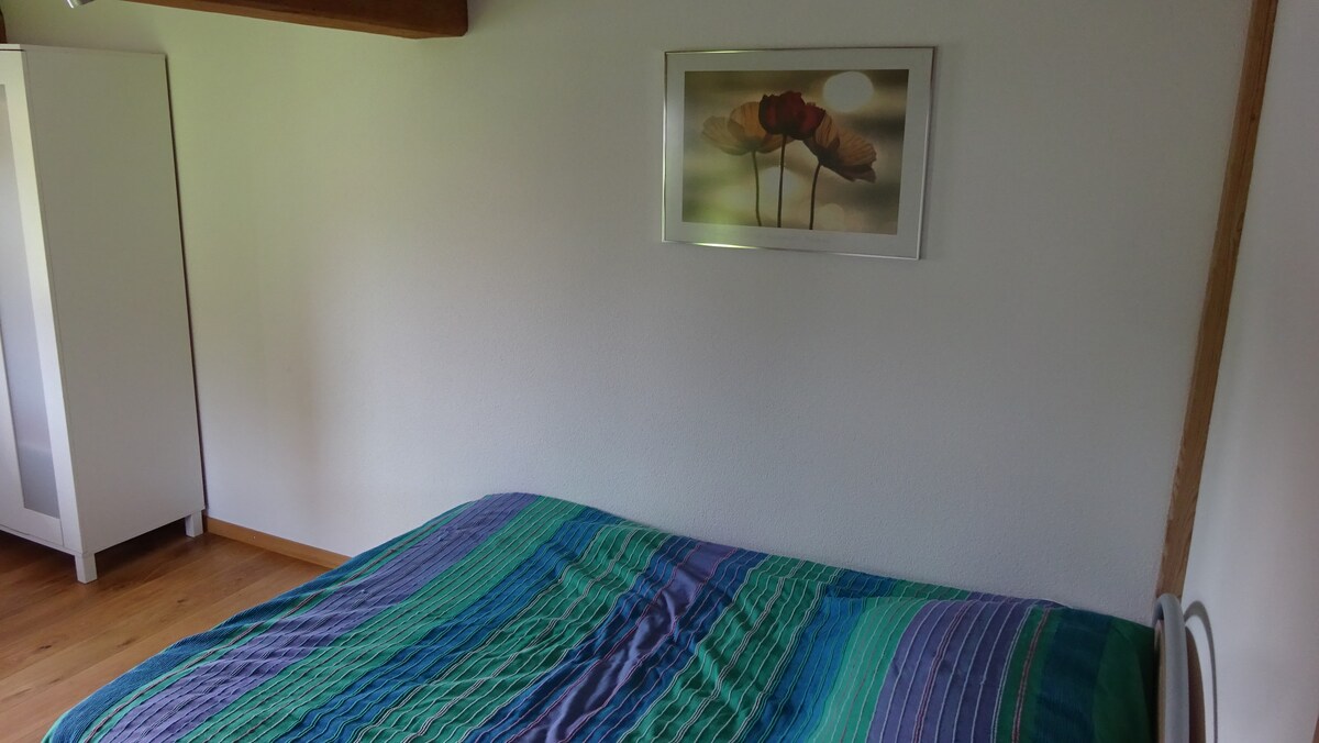 A colorful bedspread is draped over a spacious bed, complemented by a framed flower artwork on the wall. A wardrobe stands in the background, and a wooden floor adds warmth to the room's overall ambiance.