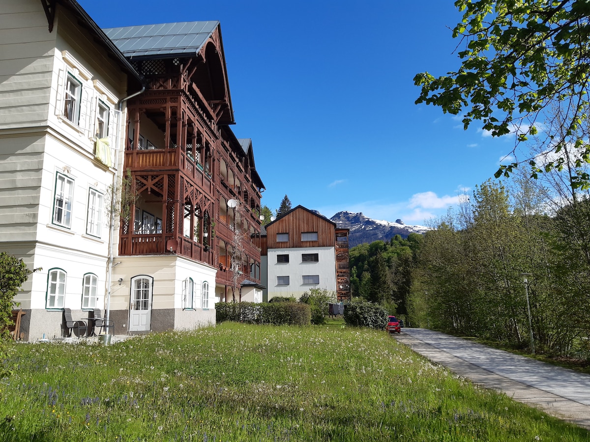 A charming building with distinct architectural features is showcased, surrounded by lush greenery. The façade includes wooden balconies and large windows, while a grassy area is visible in the foreground. A mountain range in the distance adds a natural backdrop to the setting.