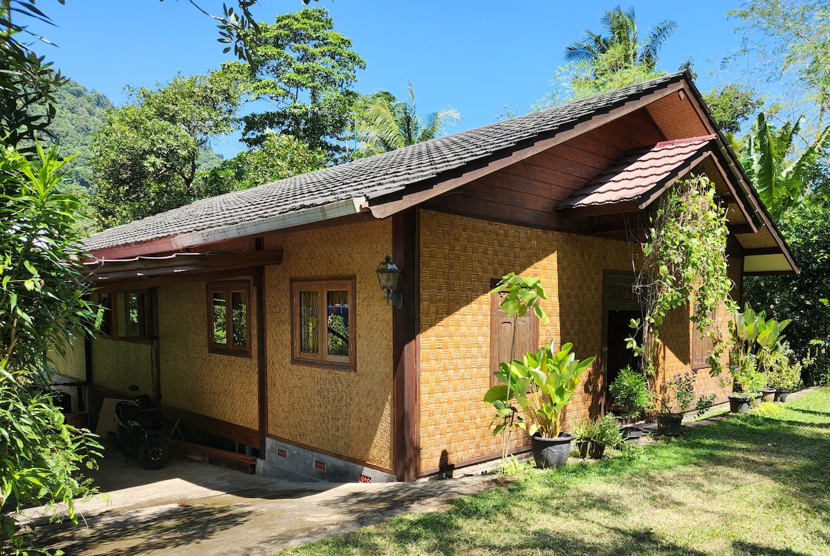 The house exterior is constructed with bamboo and wood, blending harmoniously with the surrounding tropical landscape. A sloped roof provides shade, while potted plants line the entrance. Windows feature wooden frames, allowing natural light to enhance the exterior's earthy colors.