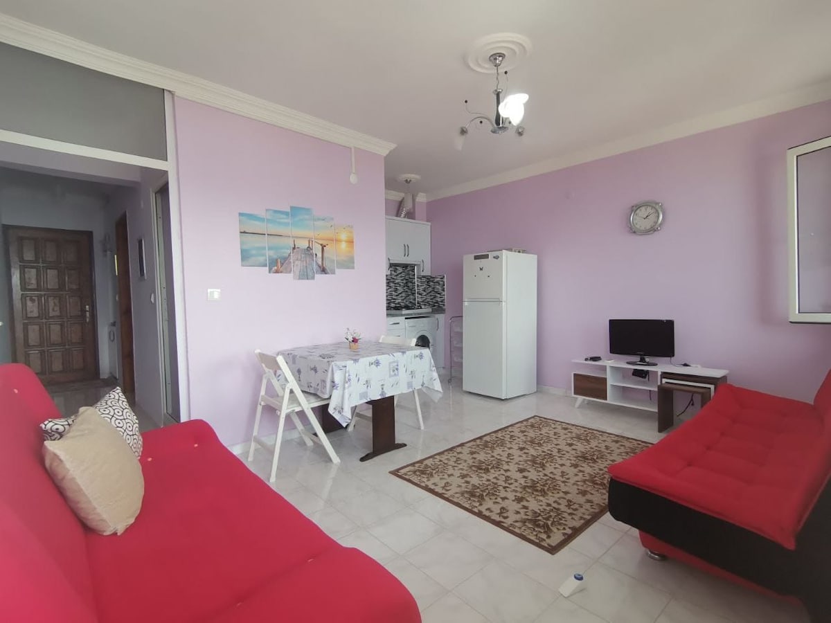 A modern living area showcases a red sofa bed and an additional seating option. A small dining table is set for two, complemented by a light-colored tablecloth. The kitchen area features a refrigerator and a television is placed on a low stand, with decorative wall art visible.
