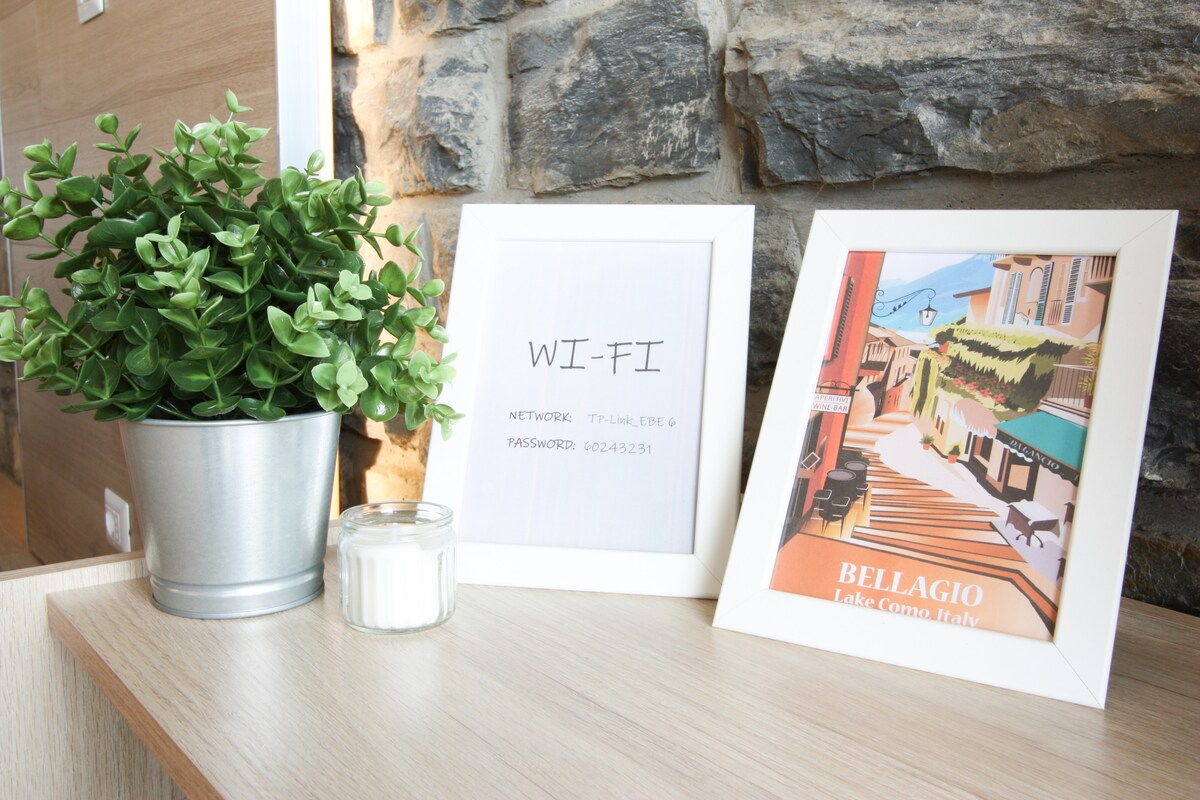 A small arrangement features a potted plant and a decorative candle on a wooden surface. Two frames are present, one displaying Wi-Fi information and the other showcasing a colorful illustration of Bellagio, a picturesque village on Lake Como.