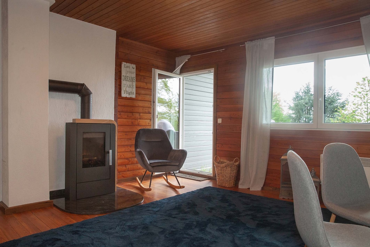 A cozy living area features a modern fireplace and a stylish chair, enhancing the room's comfort. Natural light enters through large windows, illuminating the wooden walls and floor. A door leads to the outside, inviting fresh air into the space.