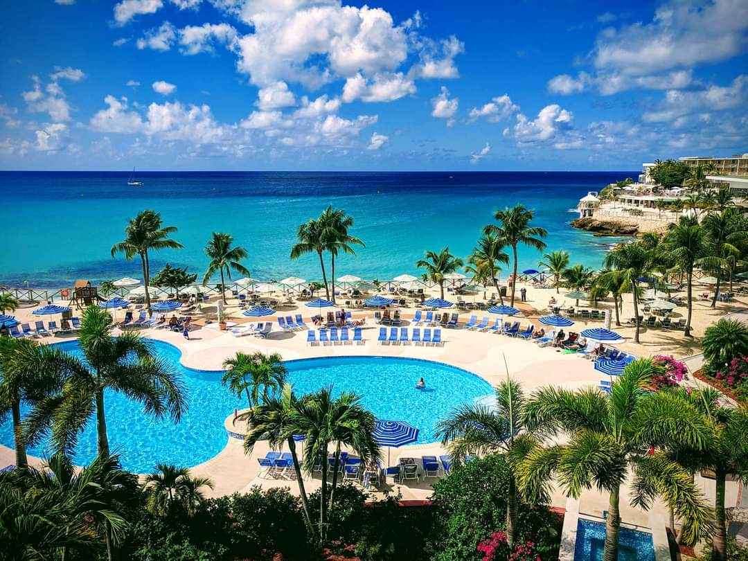 An outdoor pool is surrounded by tropical palm trees and lounge chairs, creating a serene atmosphere. The turquoise sea glimmers in the background under a clear blue sky with scattered clouds, inviting relaxation and enjoyment of the beachfront setting.
