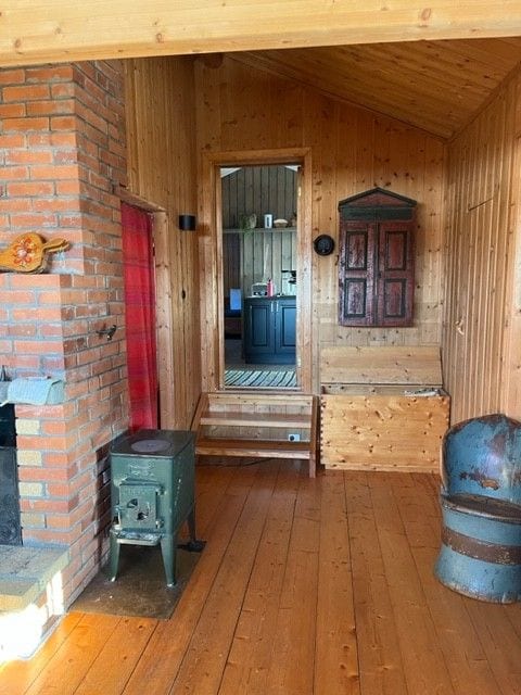 Estufa con una chimenea y una estufa de leña