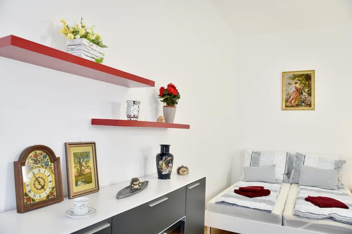 Camera da letto con possibilità di stoccaggio e piacevole decorazione. - Camera con ripostiglio e decorazione piacevole.