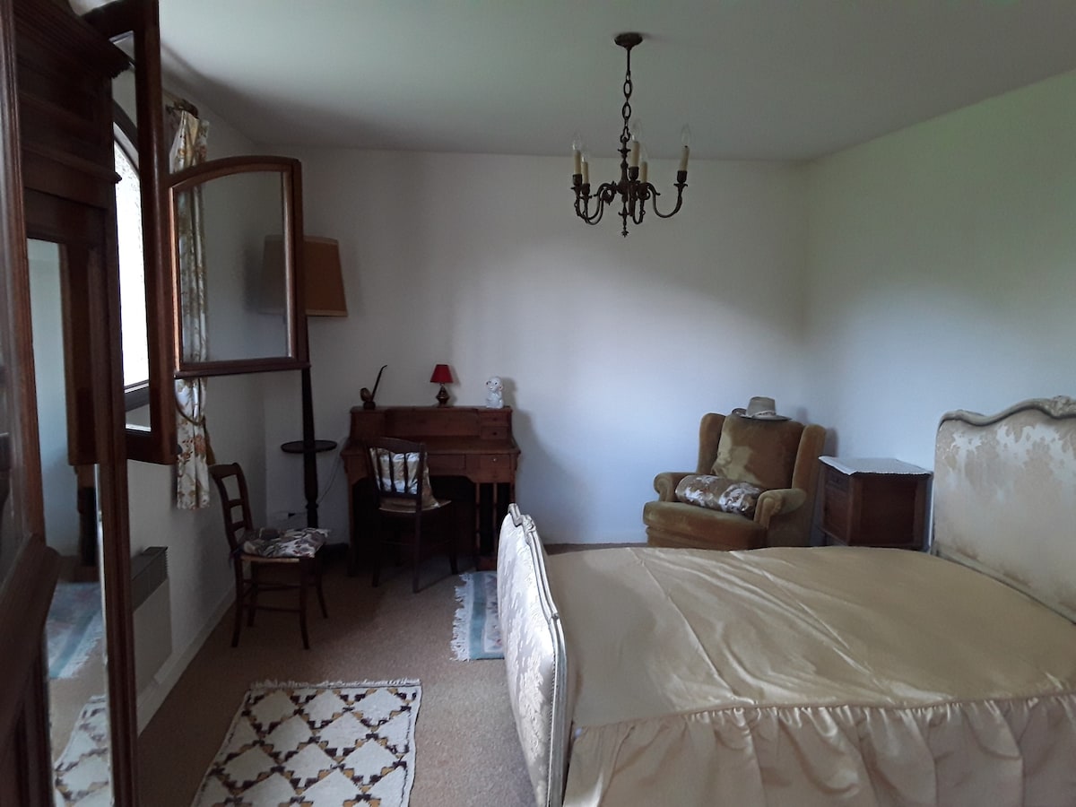 A spacious bedroom is equipped with a large bed covered by a soft blanket. A vintage chandelier hangs from the ceiling, illuminating the area. A small writing desk with a chair is positioned near a classic armchair, while a wooden cabinet is placed against the wall.