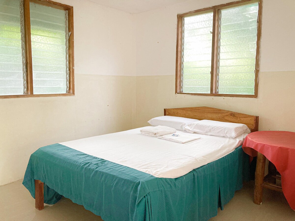 A private room is displayed with a spacious bed draped in a teal bedspread. Two large windows allow natural light to brighten the space, framed by light curtains. A wooden table is positioned beside the bed, creating a practical and inviting atmosphere.