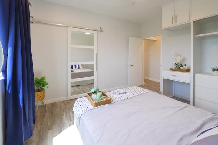 Bedroom #1: Full bed that sleeps up to two persons. There are built in cupboards with drawers and hanging spaces as well as countertop space. This bedroom is equipped with an ensuite bathroom. 