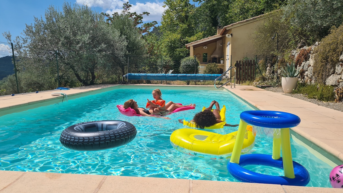 A spacious swimming pool is surrounded by greenery, with several inflatable pool floats in bright colors, including a yellow float and a tire-shaped float. The tranquil setting is complemented by a house in the background, adding to the serene ambience of the outdoor space.