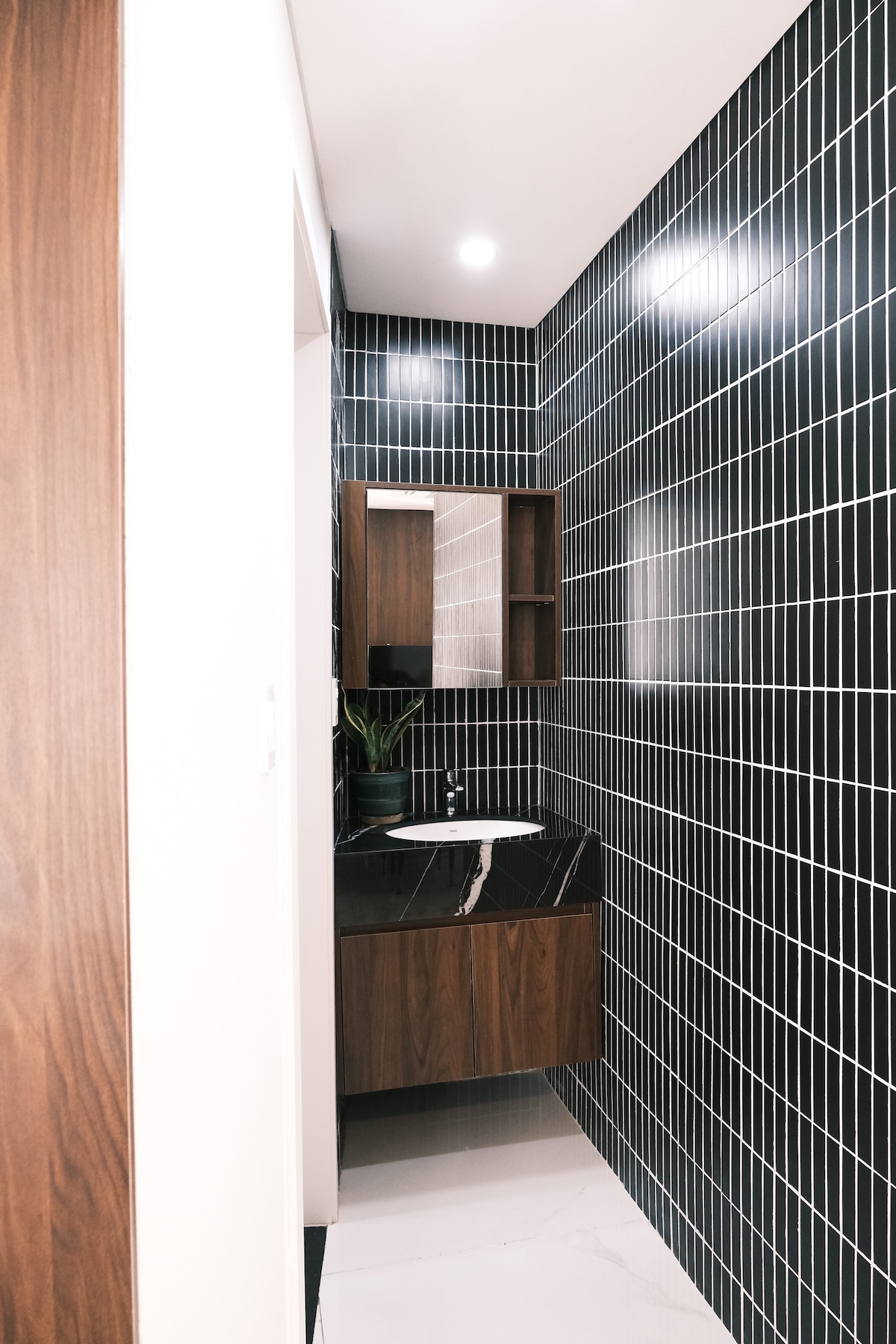 A modern bathroom features dark tiled walls and sleek cabinetry. A minimalist sink with a matching countertop is positioned beneath a mirror, enhancing the space. A small plant adds a touch of natural greenery, contributing to a clean and uncluttered appearance.