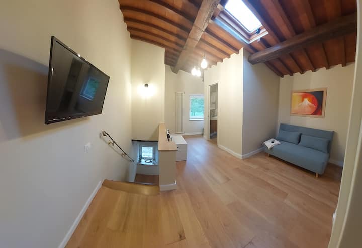 Top floor overview with sofa - Smart TV - backyard window - bathroom entrance and staircase