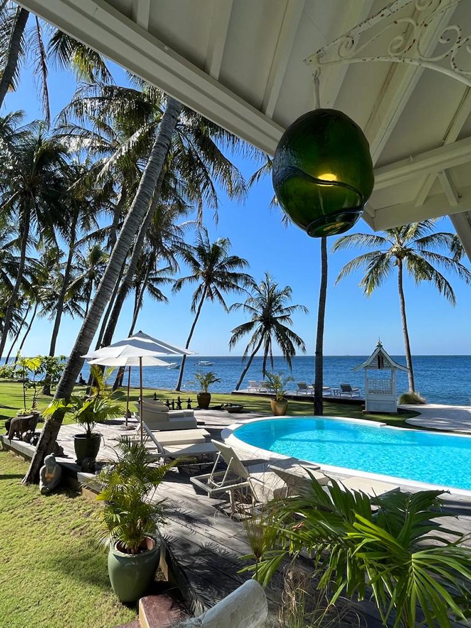A peaceful outdoor space features a tranquil pool with clear blue water, framed by lush tropical gardens and tall palm trees. Sun loungers and a shaded seating area are positioned nearby, with the sparkling ocean visible in the background under a clear blue sky.