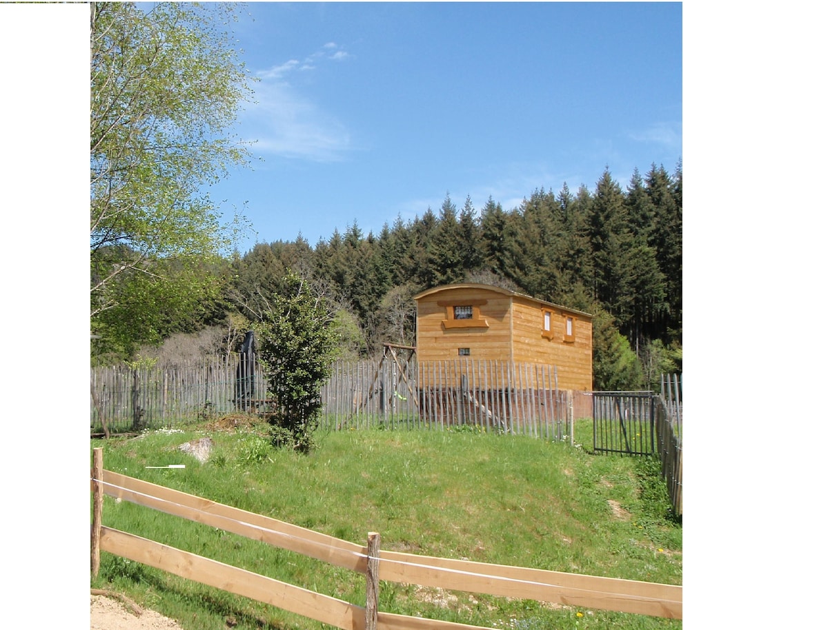 A wooden cabin is positioned on a grassy area, surrounded by a wooden fence. Lush trees form a natural backdrop, while clear blue skies above enhance the serene setting. The cabin features large windows, providing a welcoming aspect to the countryside landscape.