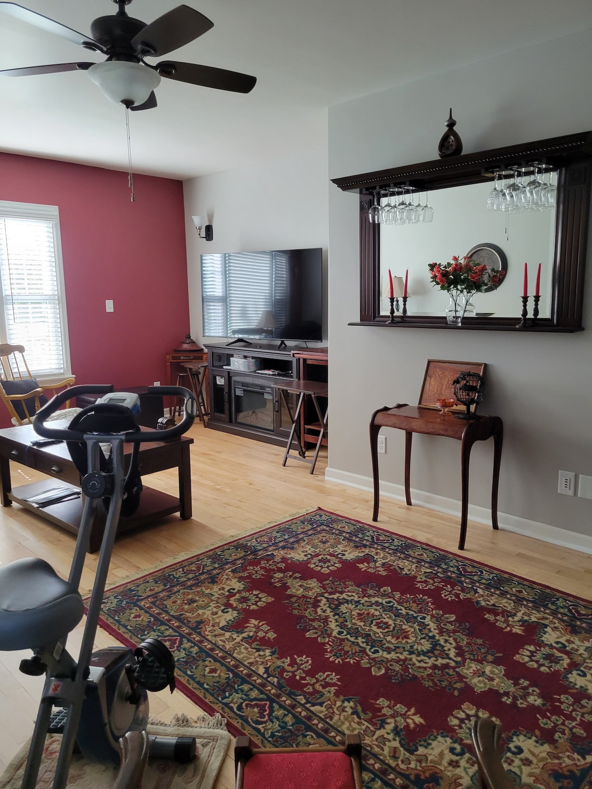 A welcoming living area is displayed, featuring a wooden coffee table and an exercise bike. A large TV is positioned against the wall, complemented by a decorative mirror. The space showcases a patterned area rug and natural light from the windows, creating an inviting atmosphere.