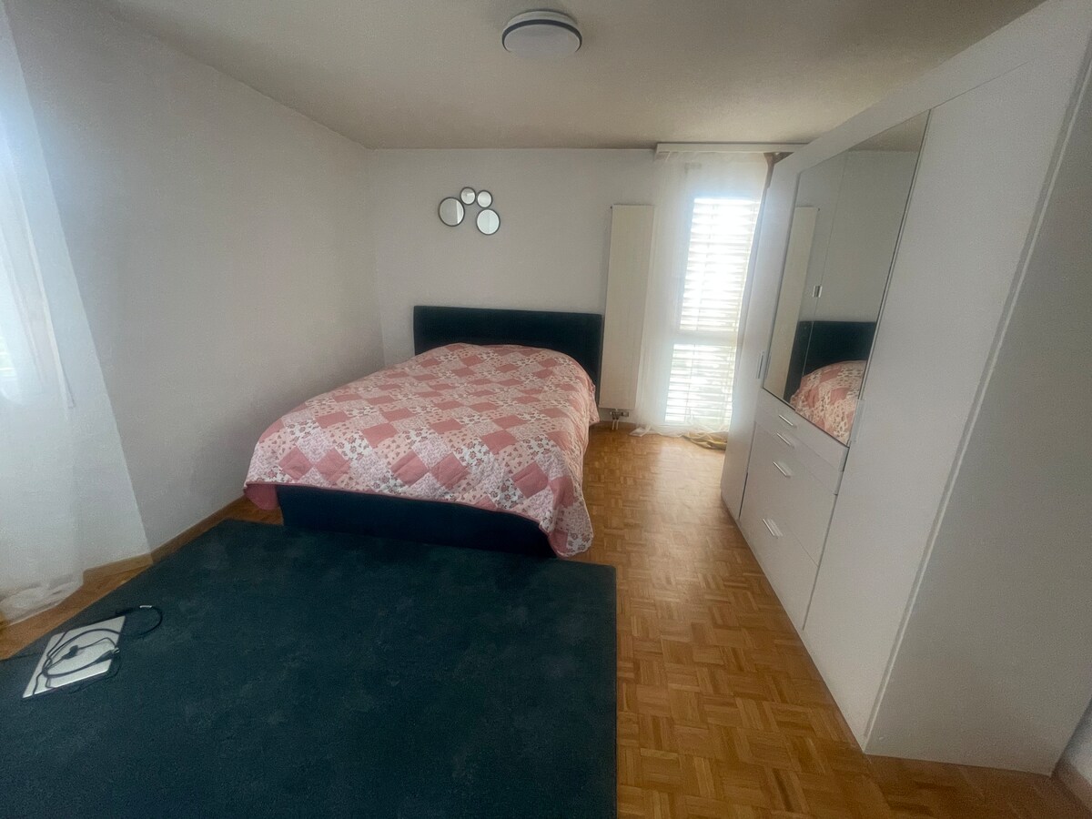 A cozy bedroom features a spacious bed with a patterned duvet and a large mirror wardrobe. Light filters in through partially open window shutters, and a textured area rug adds warmth to the wooden flooring.