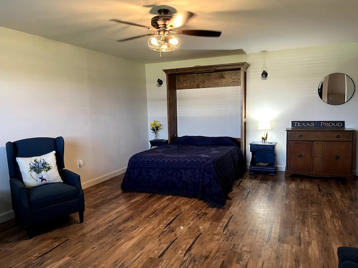 Queen Murphy bed - can be stored away to provide extra floor space. 