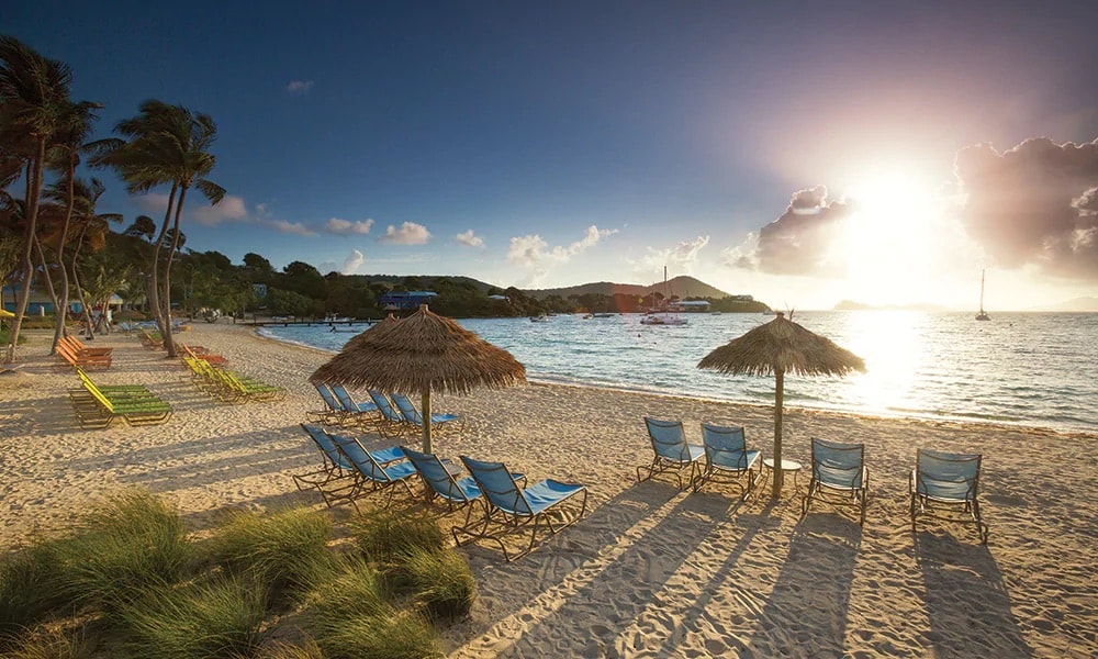A tranquil beach scene presents several blue lounge chairs arranged in the sand, with thatched umbrellas providing shade. The coastline features fine white sand, and the gentle waves reflect the sunlight. Lush palm trees are visible in the background against a softly colored sunset sky.