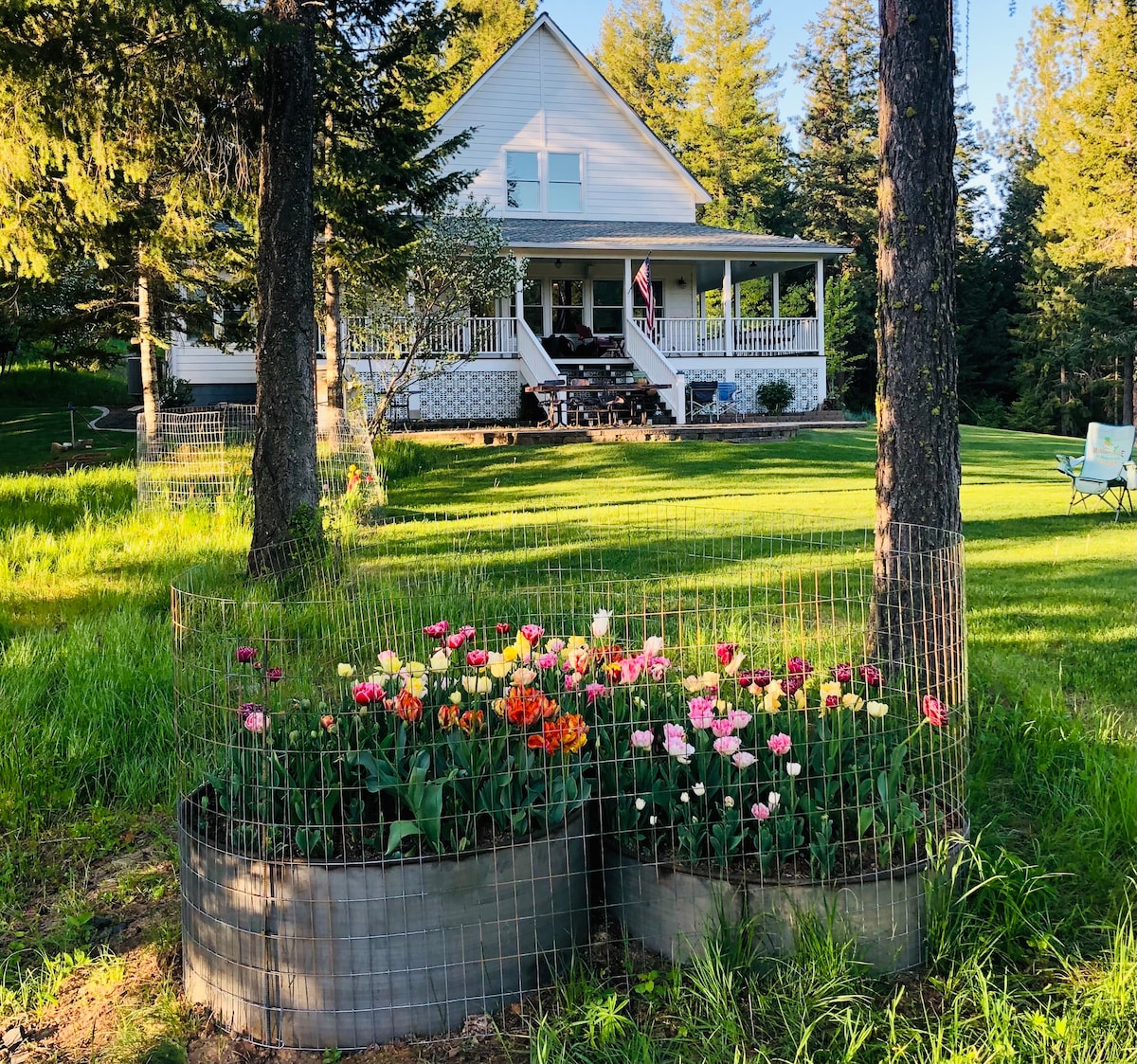 The image shows a charming farmhouse set amidst a lush green lawn, framed by tall trees. In the foreground, colorful flower beds are enclosed by wire fencing, showcasing a variety of blooms, while the welcoming porch invites relaxation.