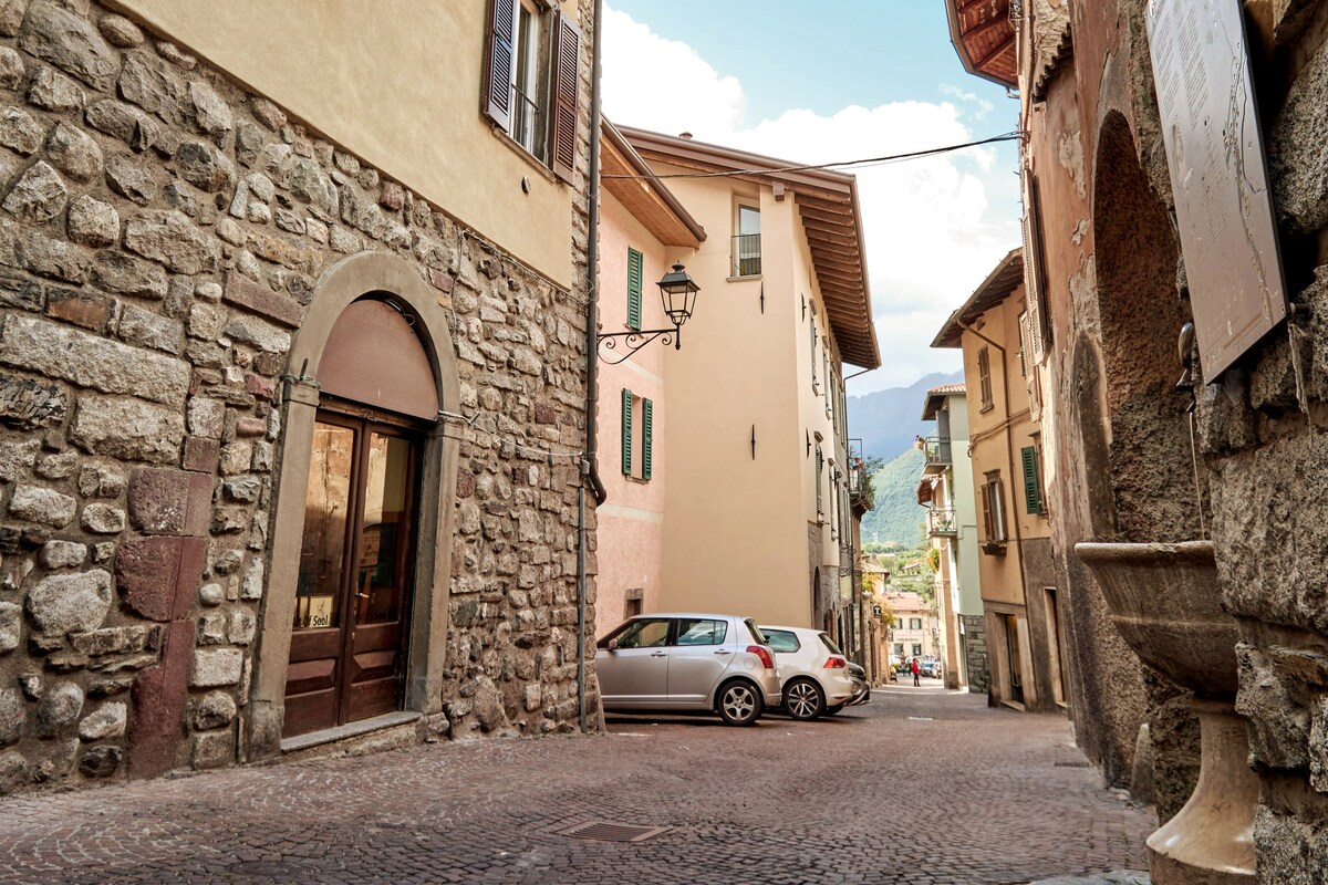 A narrow cobblestone street is flanked by historic stone buildings with windows and balconies adorned with green shutters. A parked car is visible beside the wall, while mountains peek through the background under a clear sky.