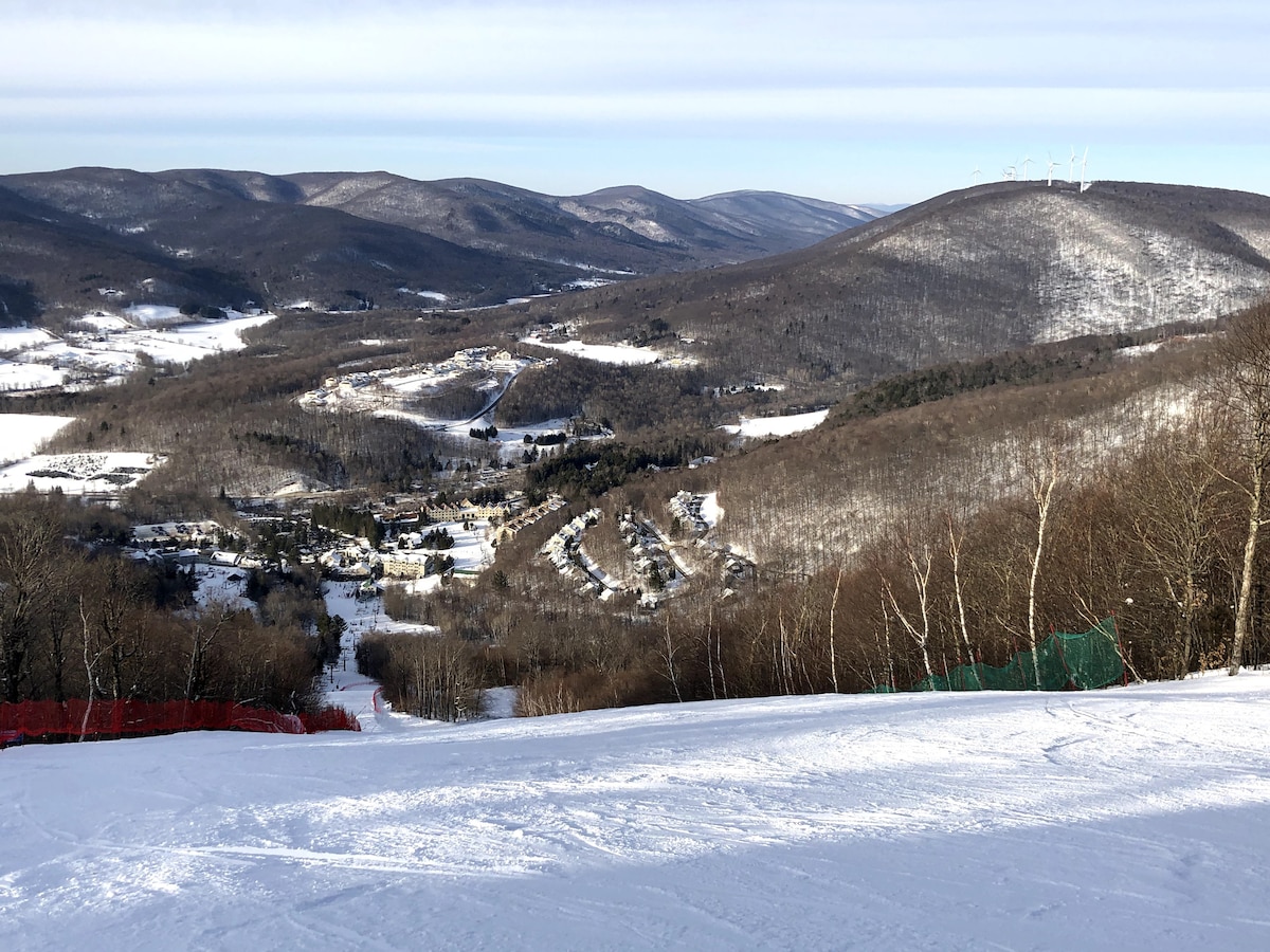 A scenic winter landscape captures snow-covered mountains and valleys, with tree-covered slopes leading down to a quaint town nestled in the valley. The hills are blanketed in white, and ski trails are visible, demonstrating the beauty of the surrounding natural environment.