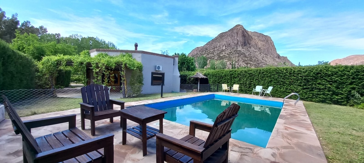 An outdoor area features a serene pool surrounded by wooden lounge chairs. Lush greenery forms a natural backdrop, with a mountain visible in the distance. A patio space includes additional seating options, enhancing the sense of relaxation in this tranquil setting.