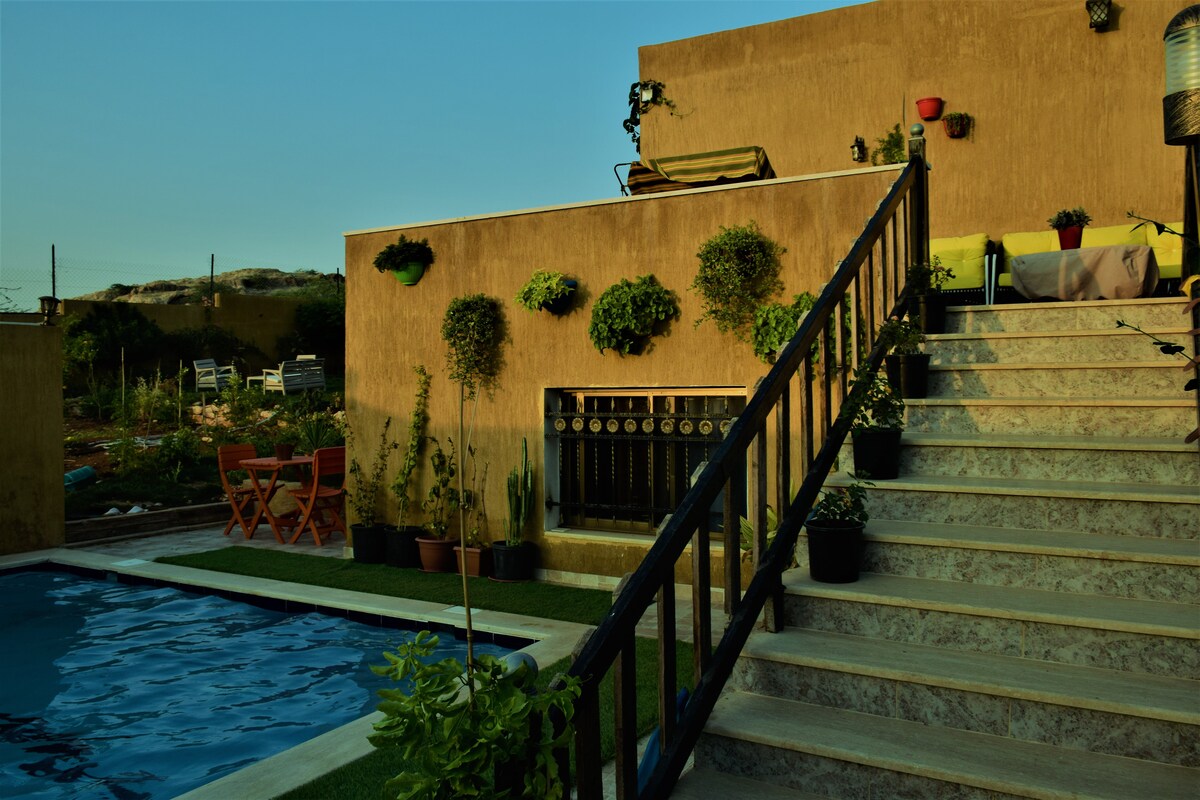 A well-maintained outdoor area features a swimming pool beside a staircase leading to a raised terrace. Planters with greenery adorn the wall, complemented by a few seating options nearby. The serene setting is enhanced by the surrounding landscape visible in the background.