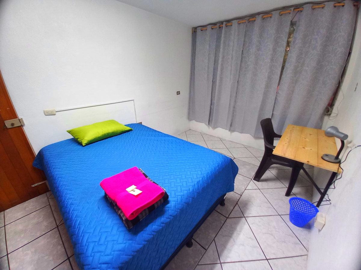 A bright room features a spacious bed with a textured blue coverlet, accented by a green pillow. A wooden desk and chair are positioned next to it, with a small blue basket located nearby. Natural light is softened by gray curtains covering the window.