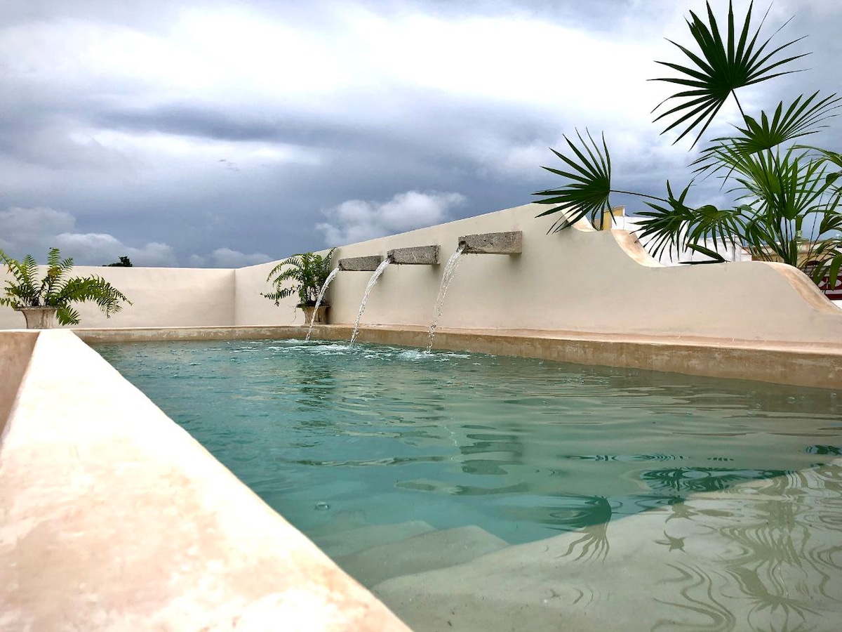 A serene rooftop pool is depicted, featuring gentle water fountains cascading into the clear, tranquil water. Surrounding plants add touches of greenery, and a smooth, beige stone edge defines the pool's perimeter against a dramatic sky.