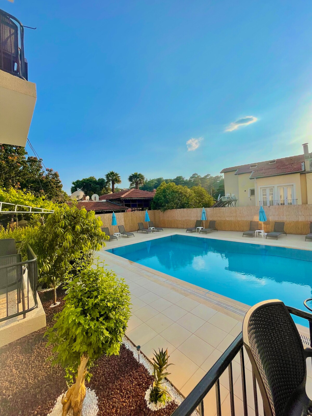 A spacious outdoor area features a clear swimming pool surrounded by lounge chairs with blue umbrellas. Lush greenery is present, along with a well-maintained pathway. The scene is complemented by sunny skies, creating a bright and inviting atmosphere.