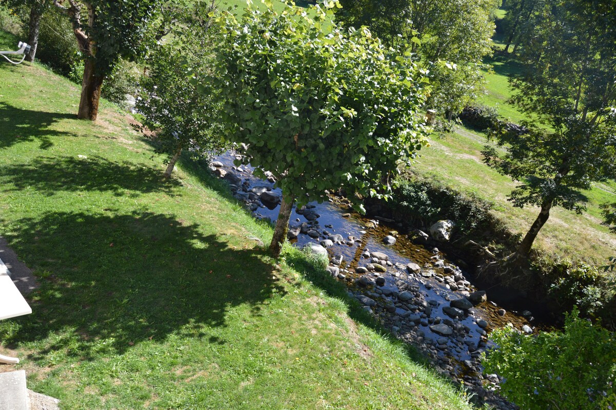 A peaceful riverside setting features a gentle stream flowing through a grassy area dotted with lush trees. The scene captures the serene natural surroundings, inviting a sense of calm and connection to nature.