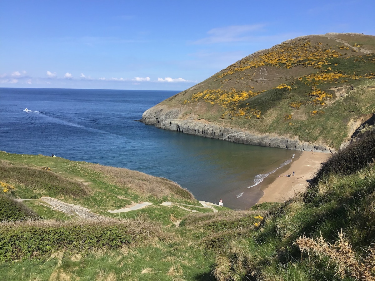 A serene coastal view is captured, showcasing a sandy beach along a gently curving shore. Green hills adorned with yellow flowers rise above the calm blue water, while a small boat can be seen gliding across the bay under a clear sky.