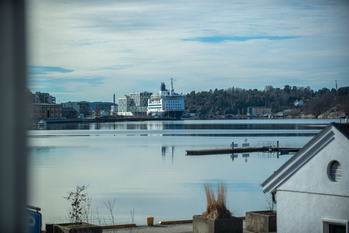 A calm body of water reflects the surrounding landscape, including a ferry docked at a pier. Buildings are visible along the shoreline, surrounded by greenery in the background. The scene is bathed in soft natural light under a clear sky.