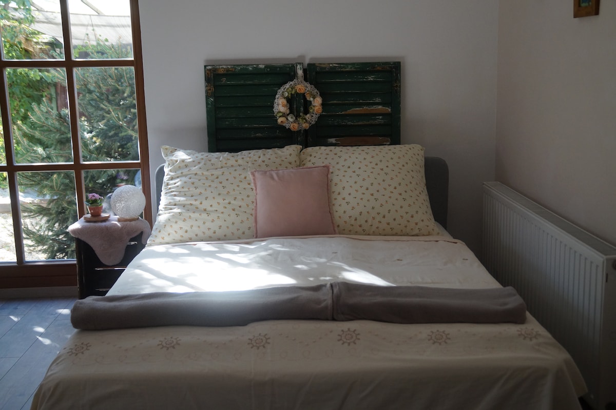 A comfortable sleeping area is presented with a spacious bed adorned with floral-patterned bedding and a decorative pink pillow. Natural light filters through a large window, creating a warm ambiance alongside a touch of greenery visible outside.