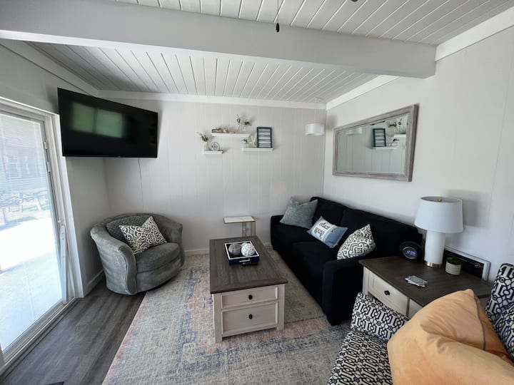 Comfortable living area with smart TV