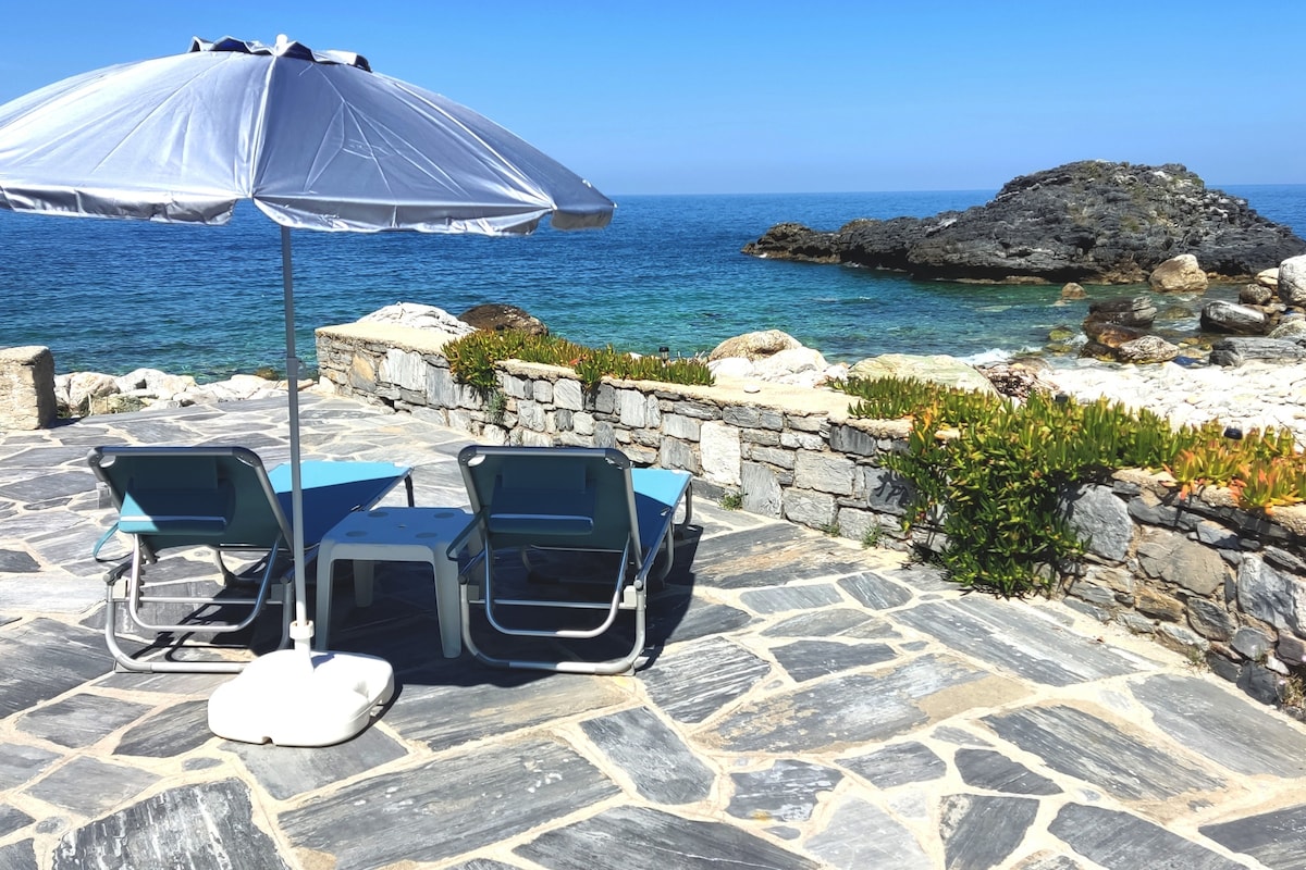 An outdoor patio is shown with a large umbrella providing shade over two loungers. The sandy area features stone pavers leading to a rocky coastline, where gentle waves lap against the shore. Vibrant green vegetation lines the stone wall, creating a natural barrier to the beach.