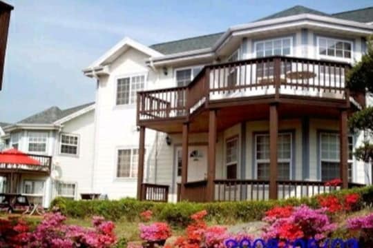 A spacious multi-level home is presented with a welcoming exterior, featuring multiple balconies and large windows. Vibrant flowering shrubs surround the base, enhancing the appeal of the outdoor area. The structure's light-colored facade is complemented by a dark roof, creating a balanced visual.