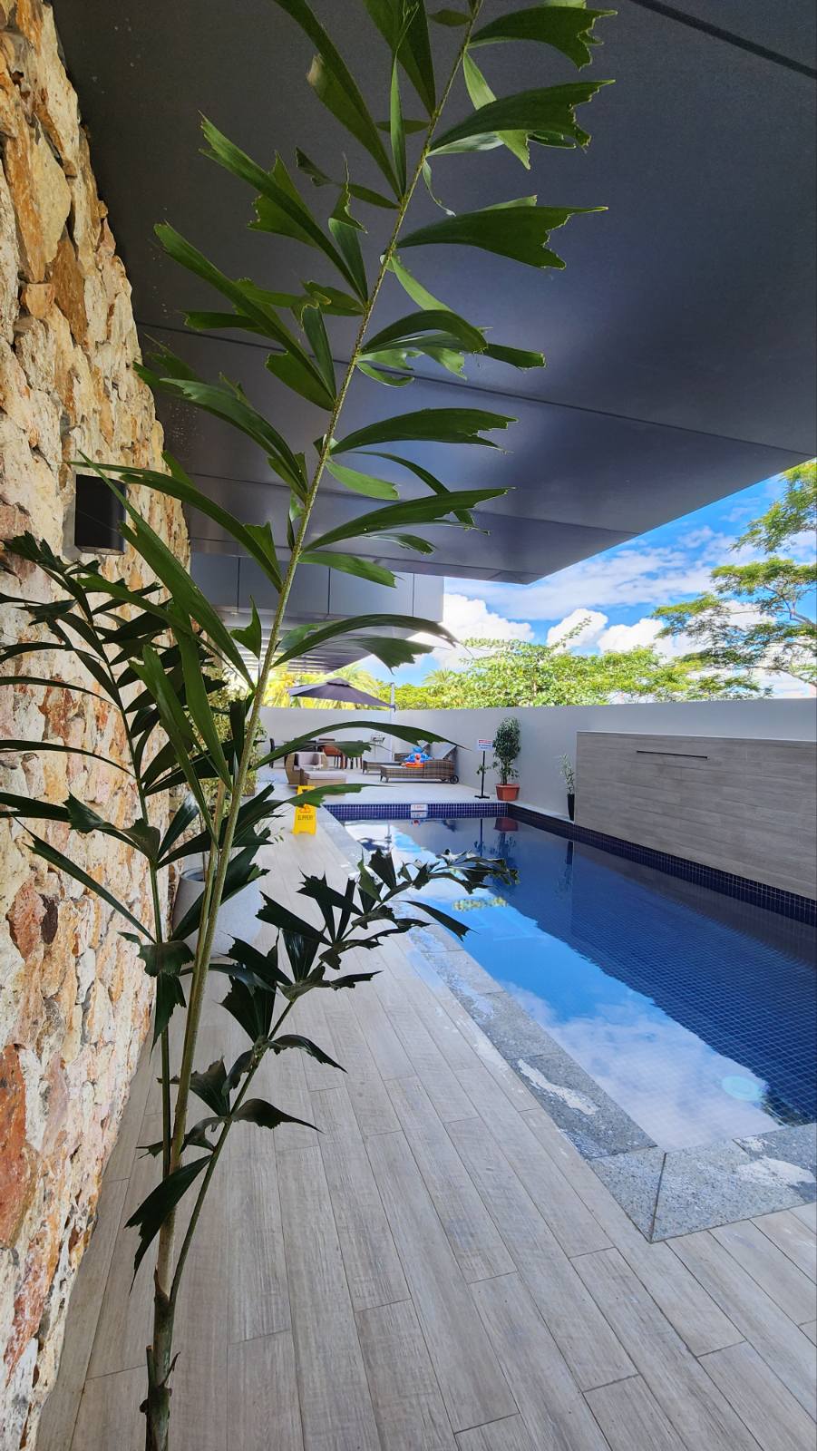 A view of the outdoor pool area is presented, showcasing clear blue water reflecting the sky. Green foliage is visible along the edge, complementing the stone wall behind. Lounge chairs are positioned near the pool, providing a serene setting for relaxation.