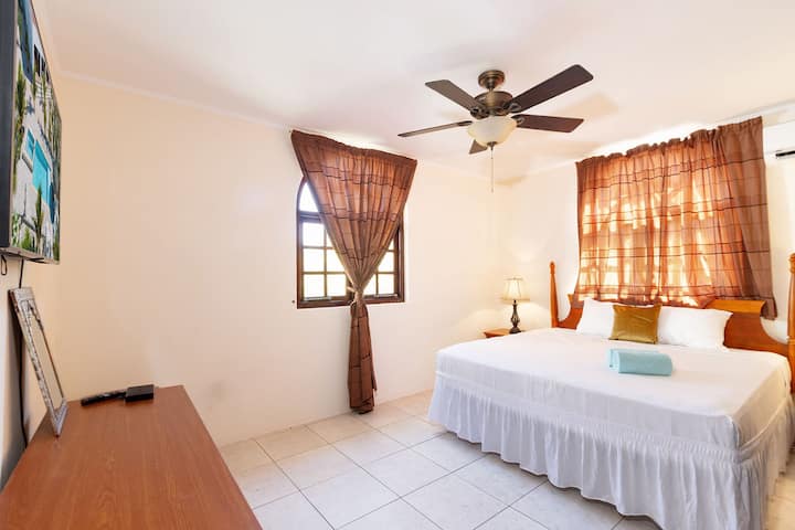 Დიდი ზომის საწოლი  ტელევიზორით, ჭერის ვენტილატორით და საკუთარი AC ერთეული კომფორტული ძილისთვის.