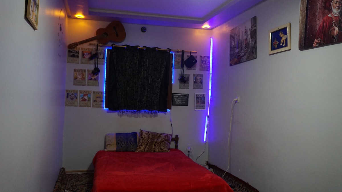 A brightly colored room features a spacious bed covered with a red blanket. The walls are adorned with various art pieces and photographs, while black curtains frame a window. LED lights provide a soft glow, enhancing the creative atmosphere.