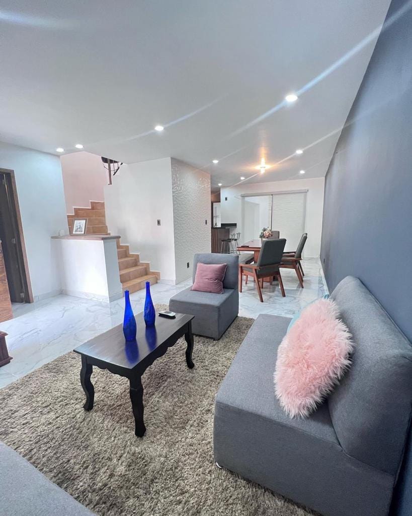 A modern living space features two grey sofas and a dark coffee table, accented by a soft pink decorative pillow. A textured rug spans the floor, with a staircase leading to the upper level visible in the background. Natural light illuminates the area.