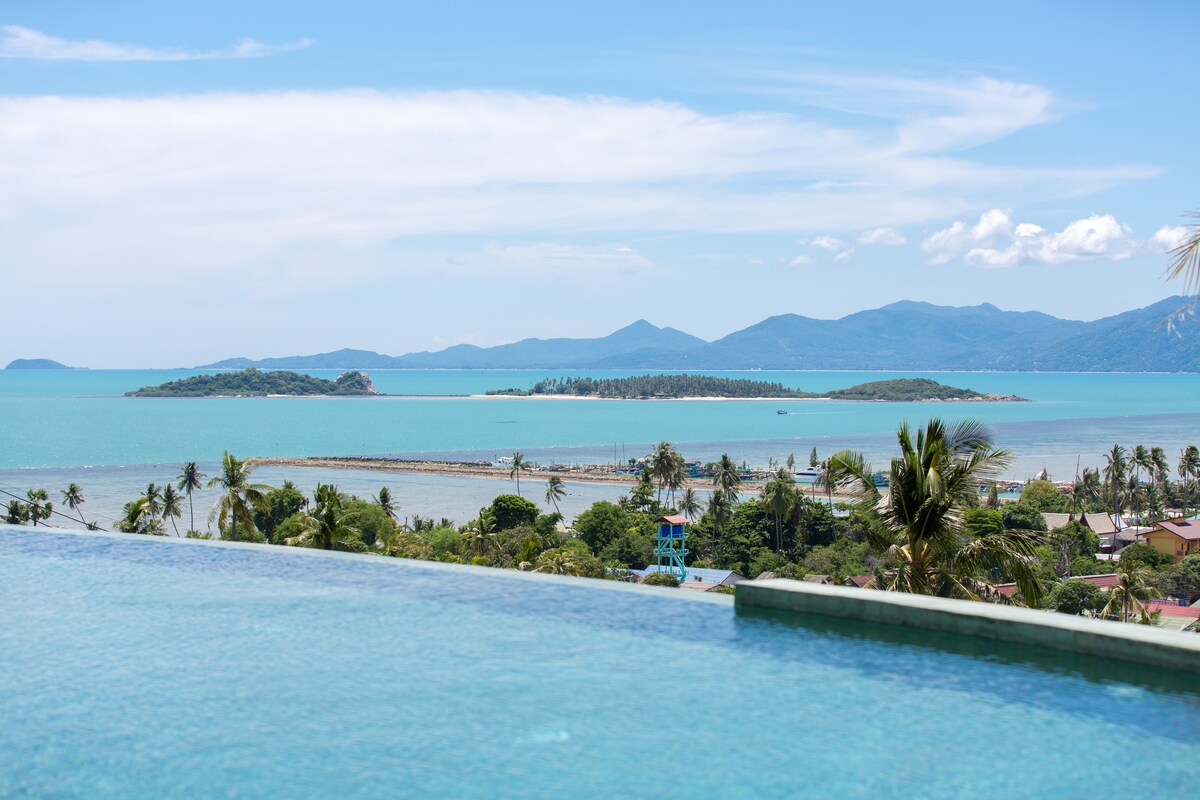 A stunning view of the azure sea stretches across the horizon, dotted with small islands. Lush greenery frames the lower foreground, while the infinity pool blends seamlessly with the ocean, creating a tranquil escape in a serene setting.