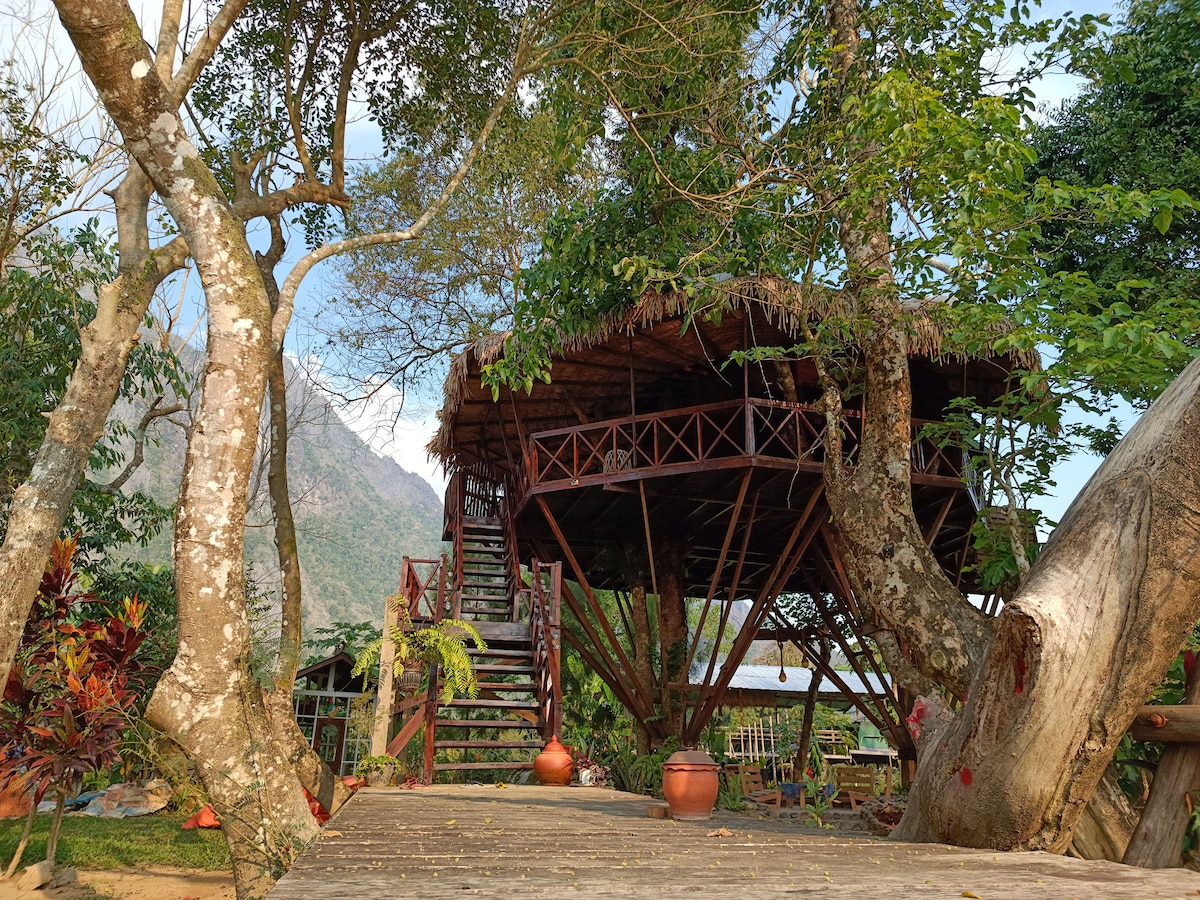 A luxury treehouse is elevated among lush greenery, featuring wooden supports and a thatched roof. A staircase leads up to the entrance, surrounded by large trees and vibrant plants. The platform extends toward a scenic natural landscape with distant mountains.
